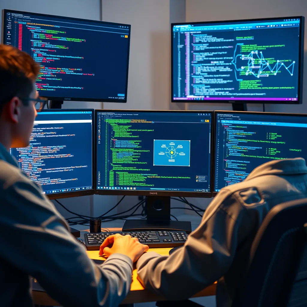 A detailed layout of different programming languages and frameworks displayed on multiple computer screens. Illustrate a developer actively working, with code snippets and architecture diagrams visible, highlighting various technologies suitable for chatbot development.