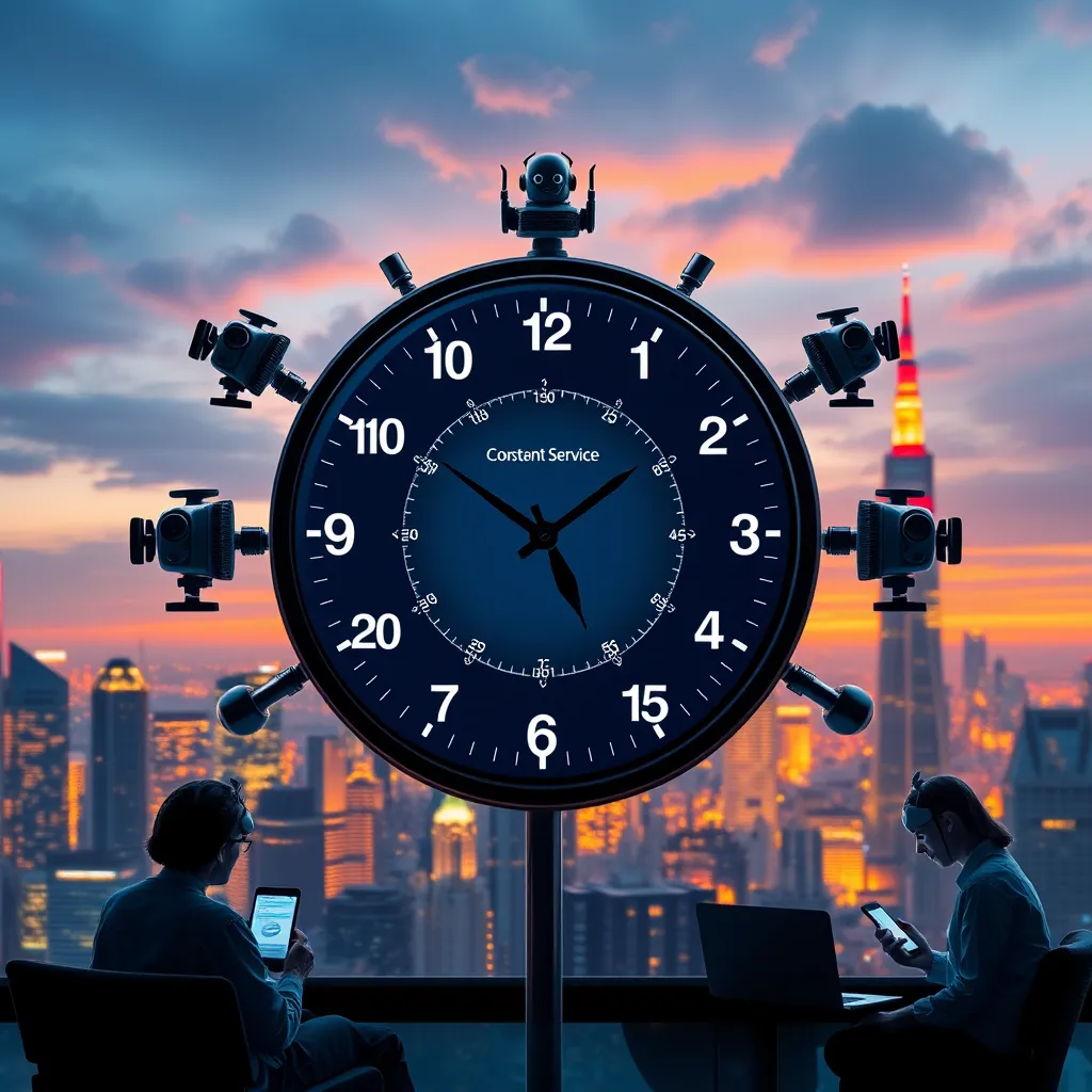 A digital clock displaying various times across global time zones, surrounded by AI voicebot icons symbolizing constant service. The background features a vibrant city skyline, indicating active businesses, with customers engaging with voicebots on their smartphones and laptops.