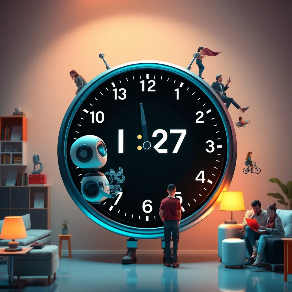 A digital clock showing different time zones, with an AI voicebot character happily interacting with various customers in diverse settings (homes, on-the-go, etc.), demonstrating seamless 24/7 support. The atmosphere should be vibrant and dynamic to represent constant availability.