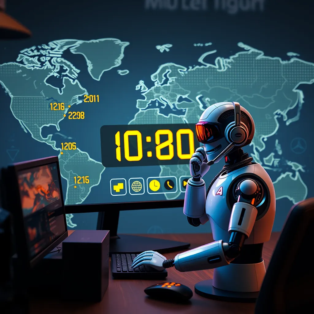 A digital clock showing various times around the world, surrounded by a cheerful AI voicebot on a computer screen, helping a customer over the phone. The background should depict a global map, highlighting connectivity across different time zones.