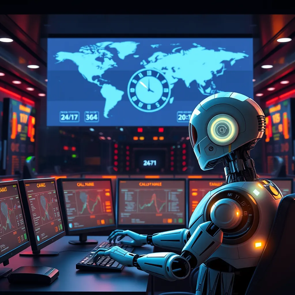 A digital illustration of a futuristic AI voicebot operating at a sleek, modern call center with numerous glowing screens and a world clock showing different time zones, reflecting 24/7 availability and high-tech customer service.