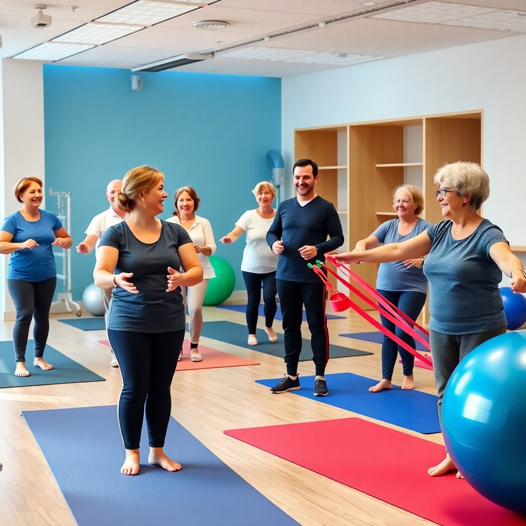 A diverse group of patients engaged in a guided exercise therapy session with a friendly physiotherapist. The setting includes exercise mats, therapy bands, and fitness balls in a bright, spacious clinic. Patients of various ages are smiling and actively participating.