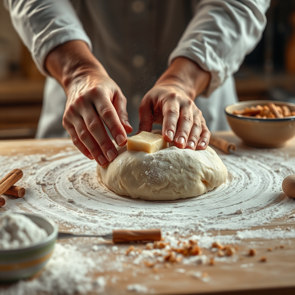 A dynamic image depicts a close-up of a baker's skilled hands kneading dough on a floured surface. Flour dust wafts in the air under warm kitchen lighting, with the dough glistening with butter. A bowl of cinnamon filling sits nearby, paired with an array of tools. The background is slightly blurred to keep the focus on the action. The image should resonate with the joy of creating, in 4K resolution.