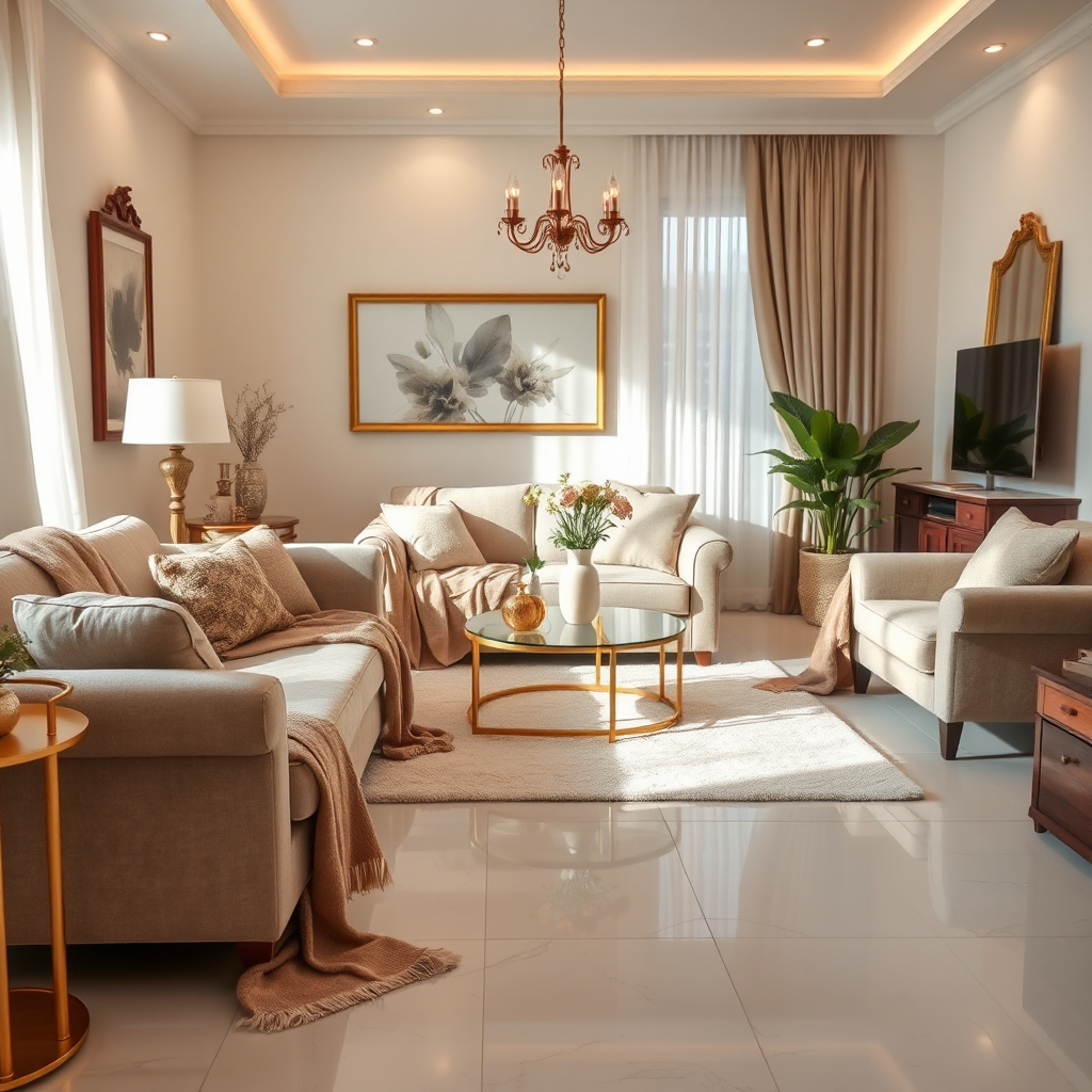 A dynamic image of a living room where furniture is carefully covered with protective throws, demonstrating proactive care. Elegant decor items and a clean, polished floor make the scene visually appealing. Soft lighting enhances the inviting atmosphere. The color palette includes soft earth tones with hints of gold. Technical specs: 4K resolution, high quality.