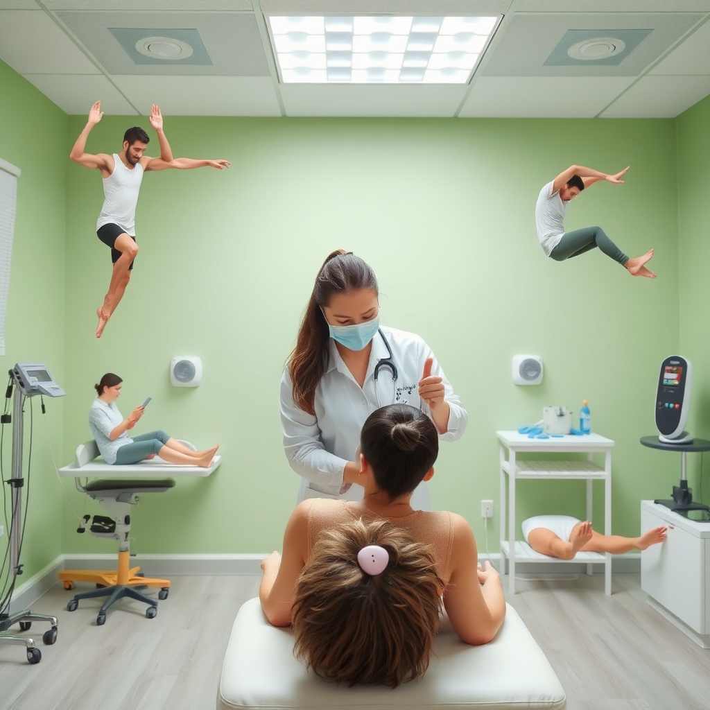A dynamic image representing various treatment modalities being applied, including exercises, manual therapy, and modalities like electrical stimulation. The setting should be professional and calming, with bright lighting highlighting the therapist's focused attention on the patient. The color scheme uses calming greens and whites. Textures should reflect medical equipment and comfortable surfaces. The style should convey energy and engagement in the therapeutic process.