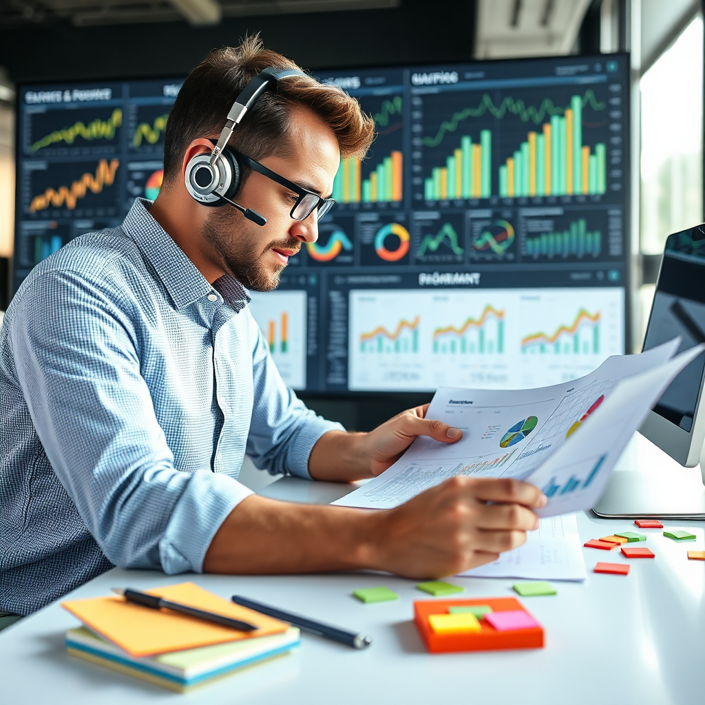 A dynamic image showcasing an accountant working on a comprehensive spreadsheet while multi-tasking with a headset. The environment is vibrant, with a backdrop of a digital dashboard filled with graphs and metrics. Natural light enhances the modern features of the office, while the focus remains on the dedication of the accountant as they analyze data. Textured visuals like colorful post-it notes and notepads around the desk reflect a creative yet organized approach.