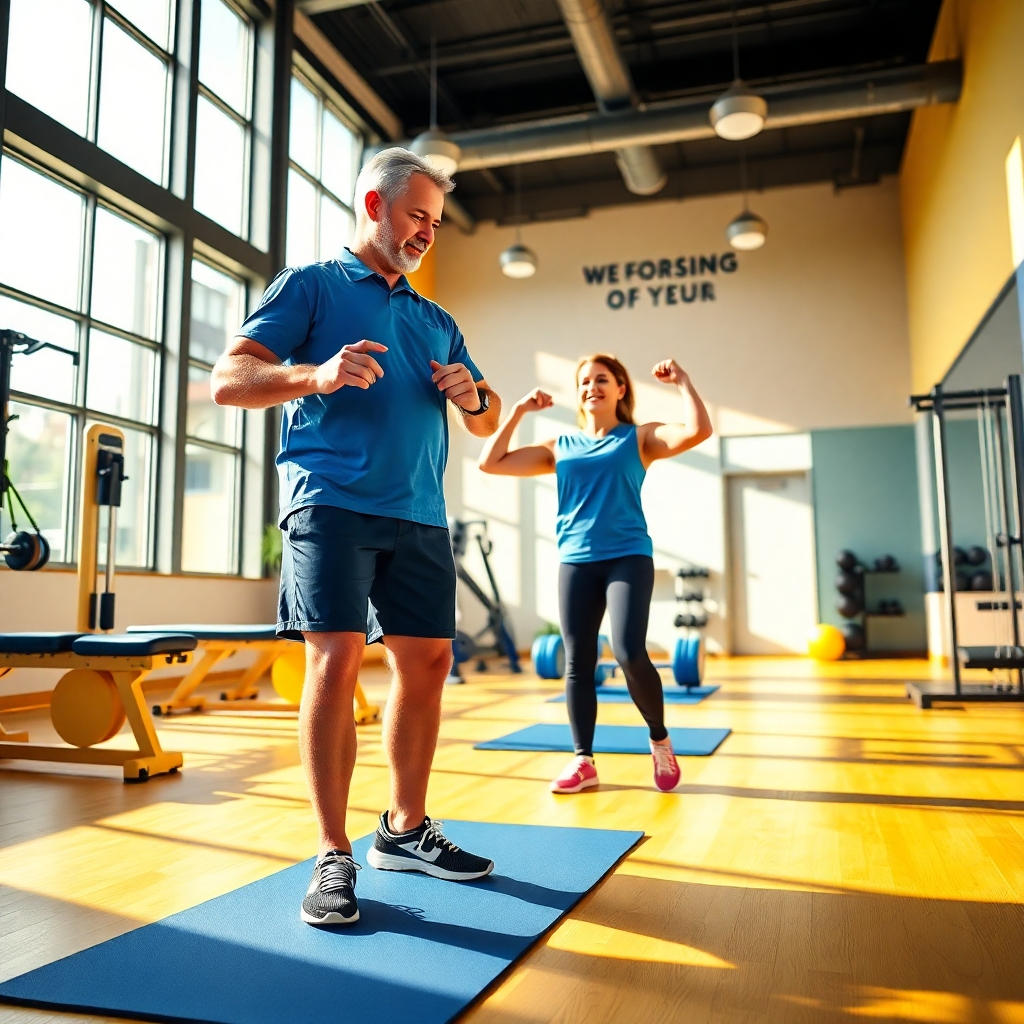 A dynamic scene depicting a physiotherapist guiding a patient through a tailored exercise session. Bright, natural lighting floods in from large windows, illuminating the spacious gym environment filled with exercise equipment. The therapist demonstrates a specific exercise, emphasizing correct posture, with the patient following instructions closely. Vivid colors like blue and yellow dominate the equipment, while a motivational quote painted on the wall inspires action. The perspective is slightly elevated, capturing both individuals in action, with a focus on their expressions of determination and concentration. The entire composition should feel energetic and empowering, created with hyperrealistic details in 8K resolution that highlight the sweat beads on the participants and the textures of the mats and weights.