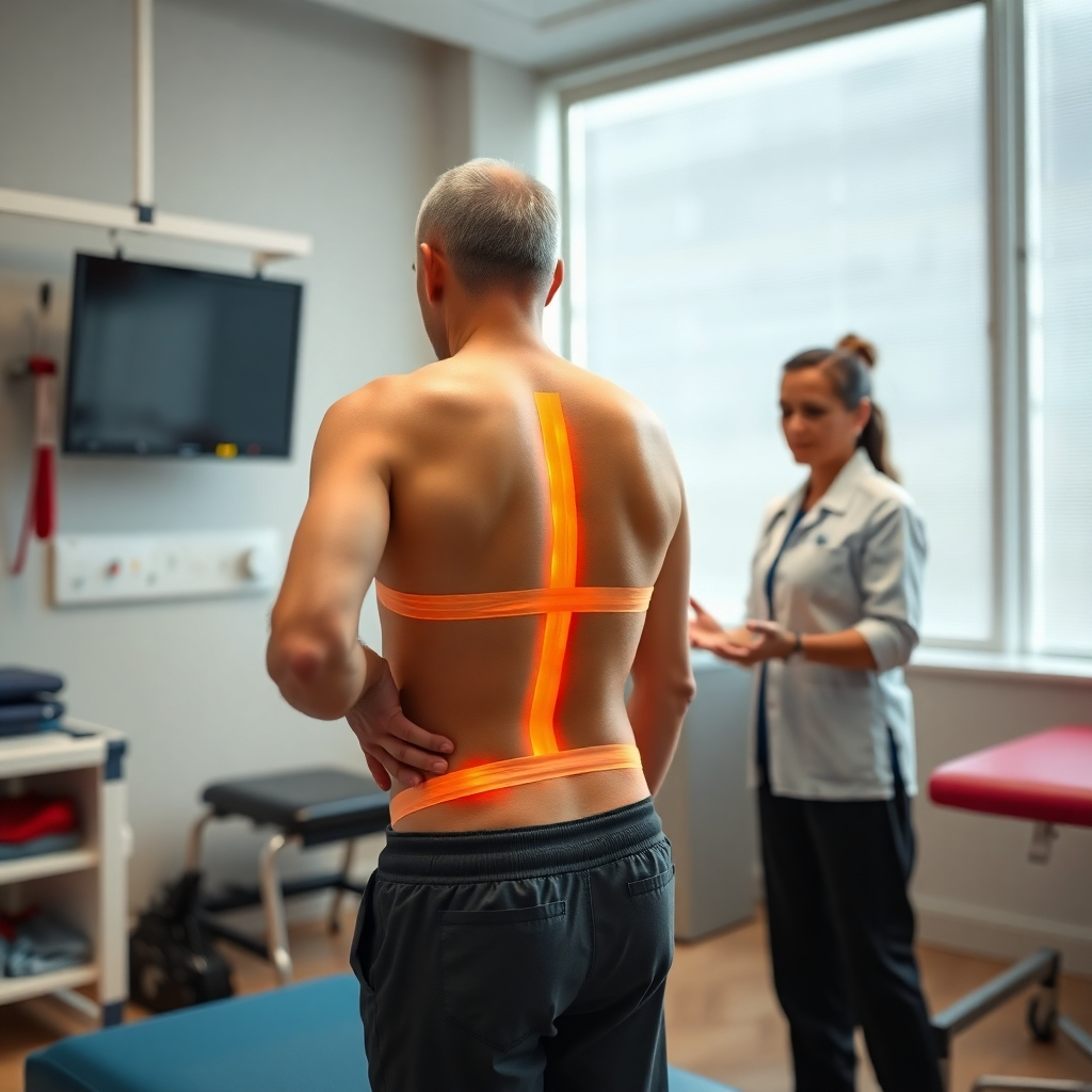 A dynamic scene depicting a physiotherapy session where a patient is utilizing kinesiotape on their lower back while undergoing electrotherapy. The therapist should be explaining the process, and the room filled with therapy equipment, emphasizing an active recovery environment.