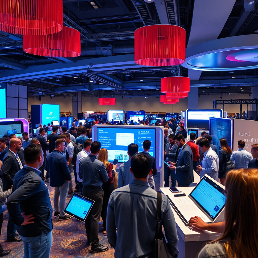 A dynamic tech conference where innovators showcase the latest in AI chatbot integrations across different platforms. The scene is filled with tech enthusiasts and professionals engaged in discussions around high-tech displays demonstrating real-time interactions. The atmosphere is buzzing with excitement, accented by vibrant event decorations. Focus specifically on the interaction between diverse attendees and cutting-edge technology presented, captured in sharp clarity to showcase the possibilities ahead.
