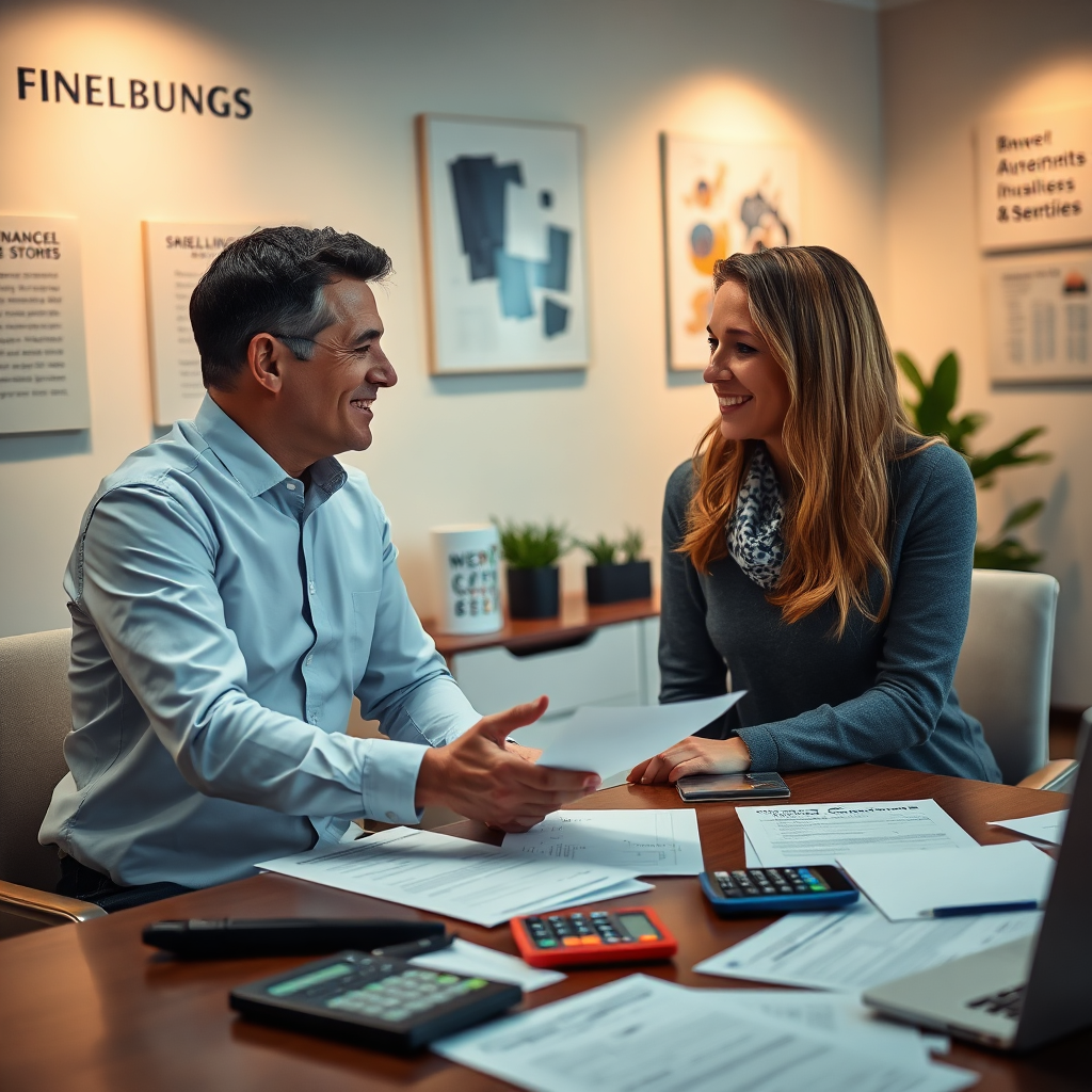 A engaging image showing a tax consultant discussing strategies with a client in an office setting. The walls are adorned with financial success stories, and the table is cluttered with tax forms and calculators. The ambient light provides warmth, suggesting a safe space for discussing financial topics. The expressions on both faces should convey trust and collaboration. The textures of the forms and the modern decor enhance the professionalism of the consultation.