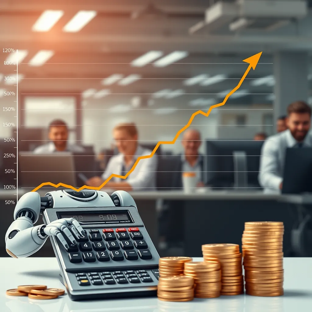 A financial graph showing a decline in operational costs alongside a rising trend in customer satisfaction. In the foreground, an AI voicebot is depicted beside a calculator and stacks of coins symbolizing cost savings, with happy employees working in the background.