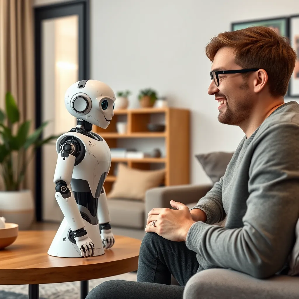 A friendly AI voicebot interacting with a satisfied customer in a cozy, modern living room. The voicebot should appear engaging and human-like, serving as a virtual assistant on a smart speaker, while the customer shows a look of delight and ease, surrounded by comfortable furniture.