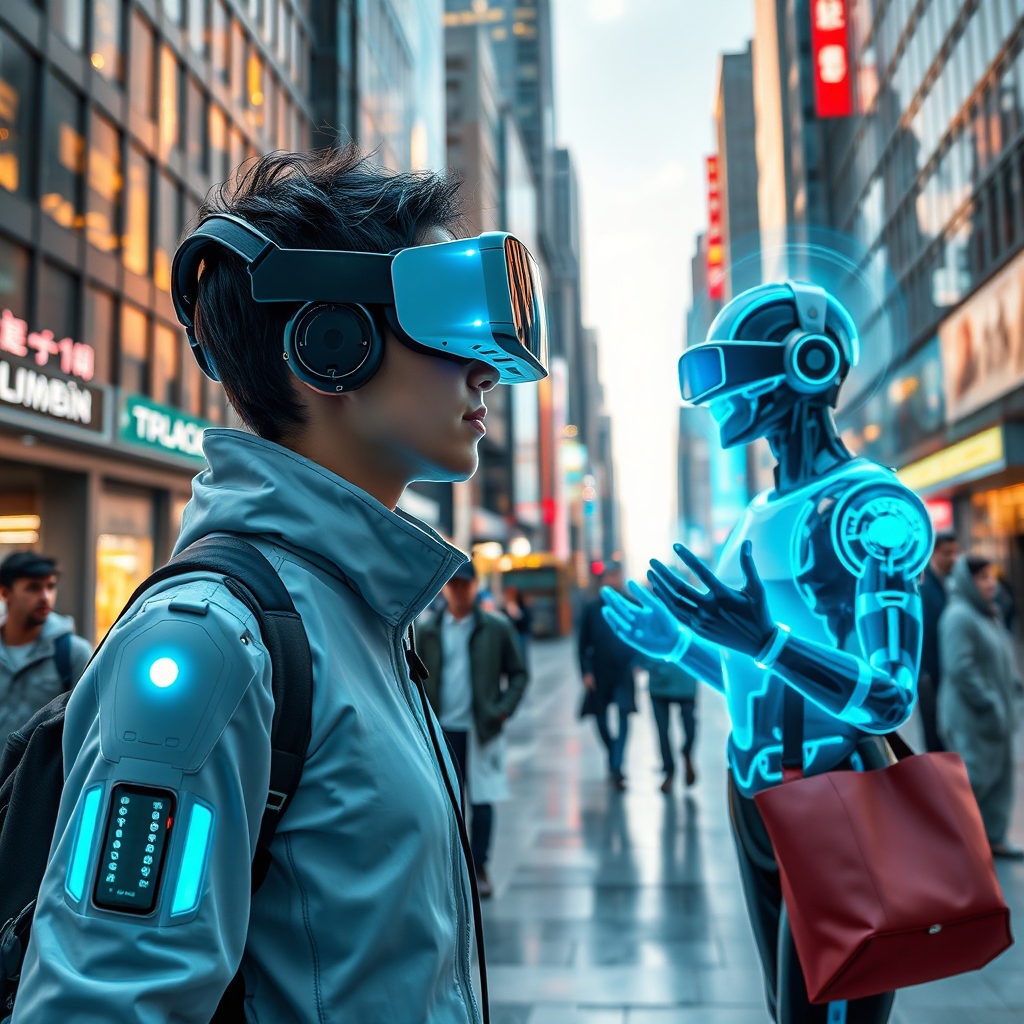 A futuristic landscape where people are utilizing augmented reality and AI avatar chatbots. This scene should blend outdoor city settings with digital elements enhancing the interaction. The emphasis should be on seamless integration, demonstrating technology's role in everyday life. Interactive touchpoints like holographic chatbots in conversation with passersby illustrate the depth of AI engagement. Bright colors and dynamic compositions capture the cutting-edge vibe. The image should be in clear focus, depicting a hyperrealistic future.