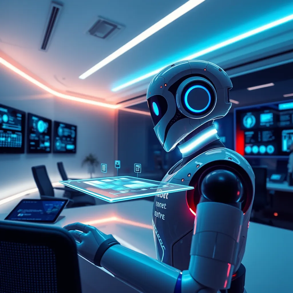 A futuristic office scene featuring an AI voicebot interacting with a holographic scheduling interface. The room is bathed in dramatic side lighting that highlights the voicebot's sleek design, along with vivid colors like electric blue and bright white, creating a high-tech ambiance. The perspective is an eye-level view, allowing the viewer to feel part of the interaction. Textures such as smooth glass and high-gloss surfaces reflect the advanced technology. Surrounding elements include wall-mounted screens displaying calendar reminders and floating notifications, integrating seamlessly into the environment. The props include digital tablets, ergonomic chairs, and ambient LED lights providing a contemporary feel. The style echoes sci-fi tech aesthetics, aiming for an ultra-detailed representation in 8K resolution that captivates the viewer.