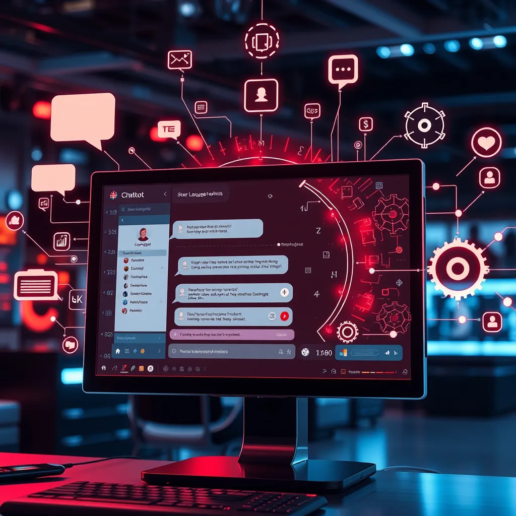A futuristic scene depicting a chatbot interface on a computer screen, with complex algorithms and neural networks visualized around it. Include symbols representing language processing like speech bubbles and gears, set in a modern tech environment.