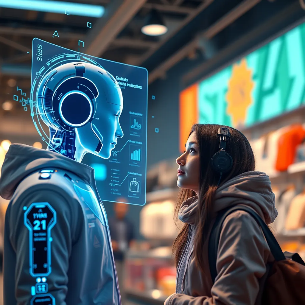 A futuristic scene of a customer interacting with a holographic AI voicebot, displaying personalized suggestions based on past purchases. The atmosphere feels dynamic and immersive, with glowing data visuals around them.