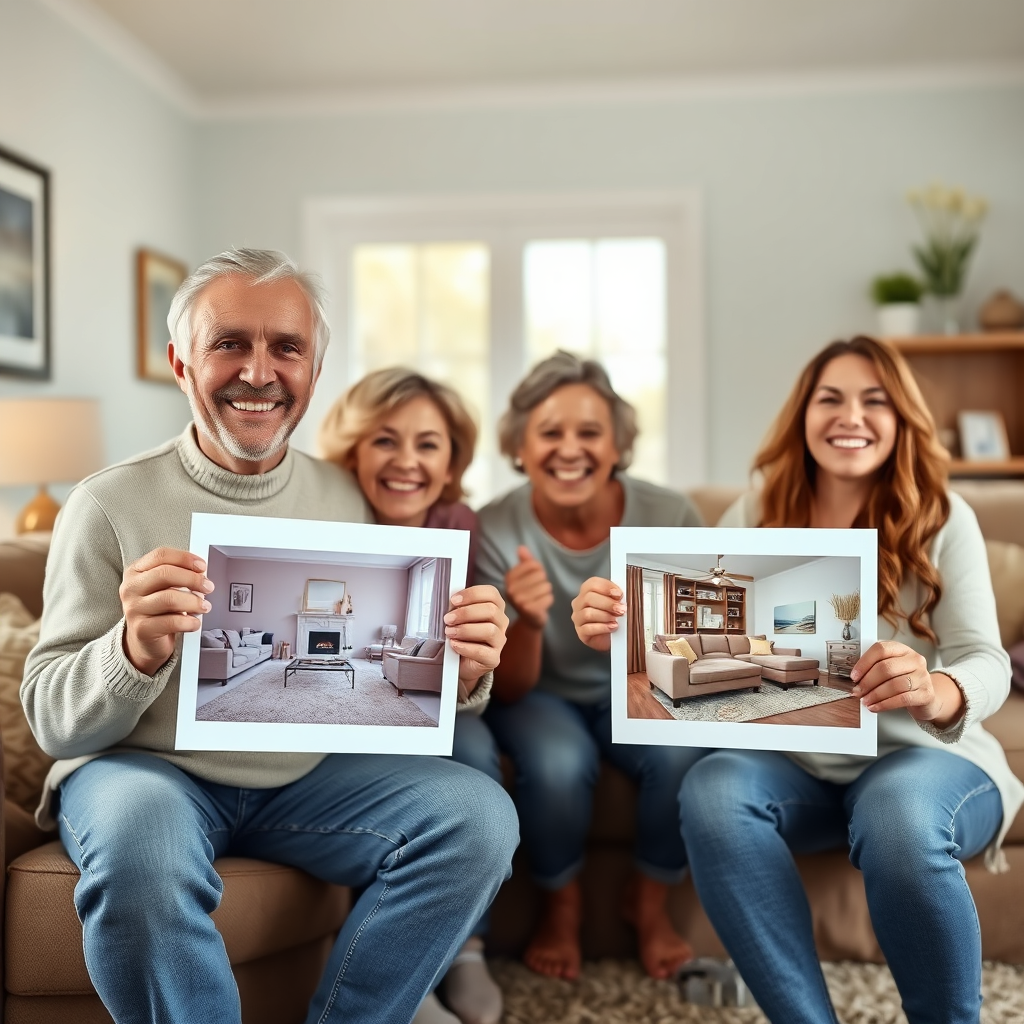 A heartwarming image of happy clients displaying before-and-after photos of their carpets and furniture, set in a cozy living room surrounded by their family. The joy on their faces illustrates satisfaction and trust in the service, and the bright lighting adds warmth. Technical specs: 4K resolution, high quality.