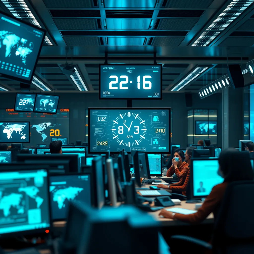 A high-quality, photorealistic image of a busy call center infused with a futuristic vibe, showcasing an AI voicebot in action on multiple screens, depicting a clock showing 24 hours, with various global icons indicating worldwide customer interaction.