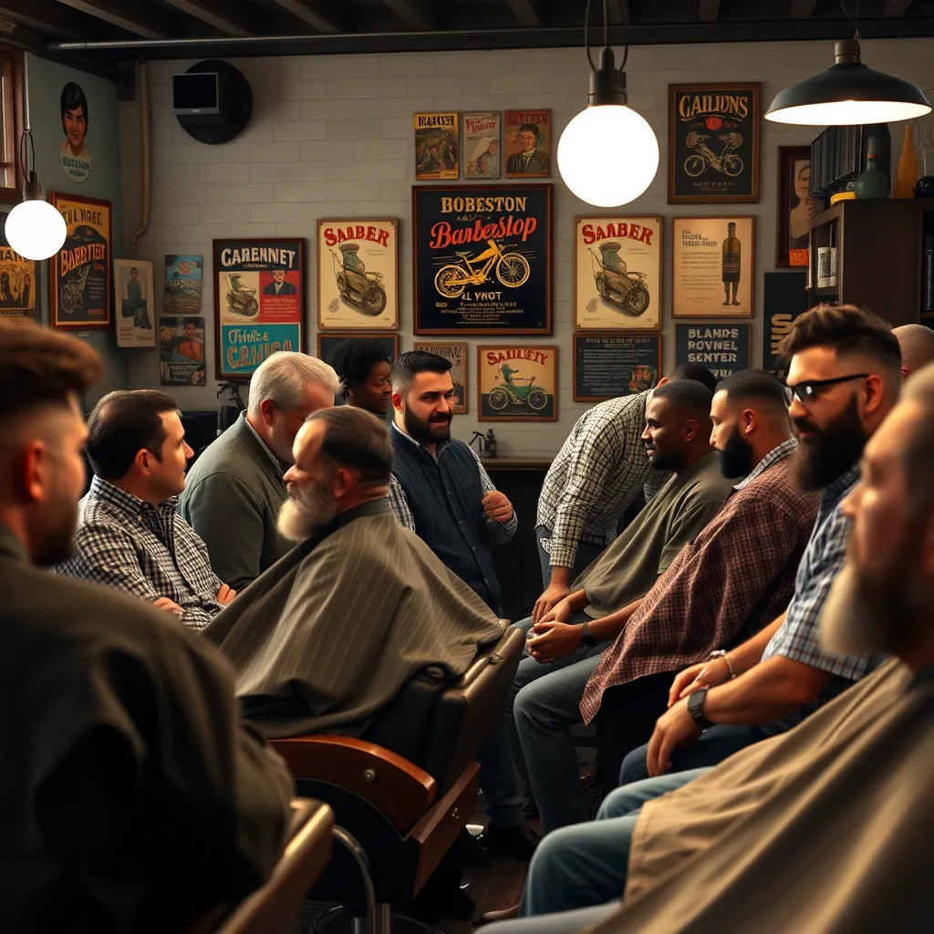 A lively barbershop scene with several men in conversation while waiting for their haircuts. Include diverse clients interacting with each other and barbers, with stylish décor and vintage barbershop posters on the walls, emanating a sense of community.
