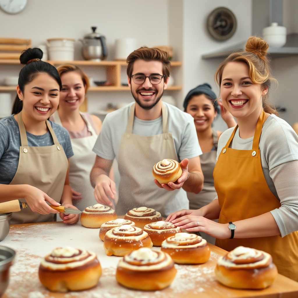 A lively image of a baking class in action, with participants joyfully learning to bake cinnamon buns. Flour dust fills the air as smiles light up the faces of eager learners. The warm kitchen environment, filled with baking equipment and finished baked goods, creates a sense of community. This engaging scene should be captured in a high-quality 4K resolution.