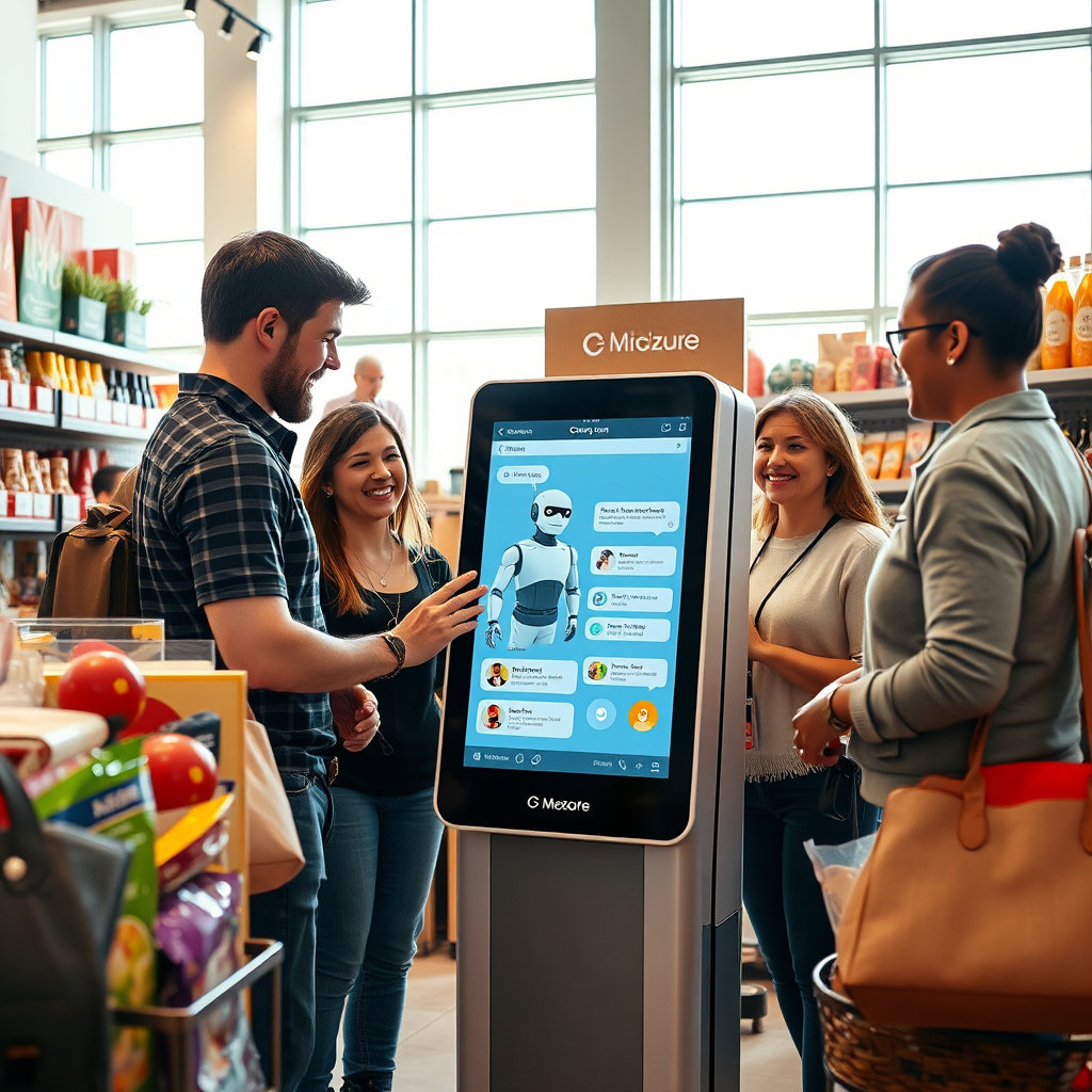 A lively retail environment where customers happily interact with a digital information kiosk featuring a chatbot. The scene showcases an array of colorful products surrounding the kiosk, with cheerful employees assisting customers. Bright daylight streams in through large windows, enhancing the inviting atmosphere. The detailed textures of the products and the sleek interface of the chatbot attractively contrast the human interactions. The angle captures both the ease of technology and the energy of the marketplace. This should be illustrated in high-quality resolution to highlight detail and vibrancy.