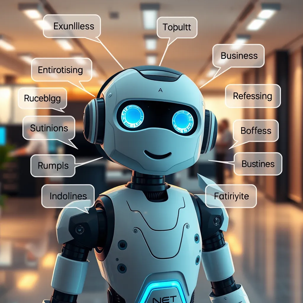 A modern AI voicebot constructed to look like a friendly, approachable robot, surrounded by digital speech bubbles that contain diverse business terminologies. The background should feature a sleek office environment, symbolizing professionalism and innovation.