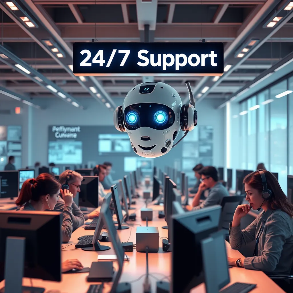 A modern call center environment showcasing a high-tech AI voicebot at work. The scene should include a diverse range of customers interacting with the voicebot through various devices like phones and computers, all illuminated by soft, ambient lighting and clear signage of '24/7 Support'.