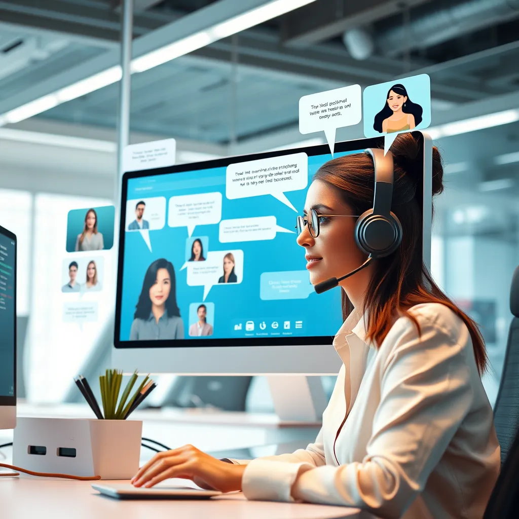 A modern call center with an AI voicebot interface on a computer screen, showing a virtual assistant interacting with diverse customers through speech bubbles. The setting is bright and tech-savvy.