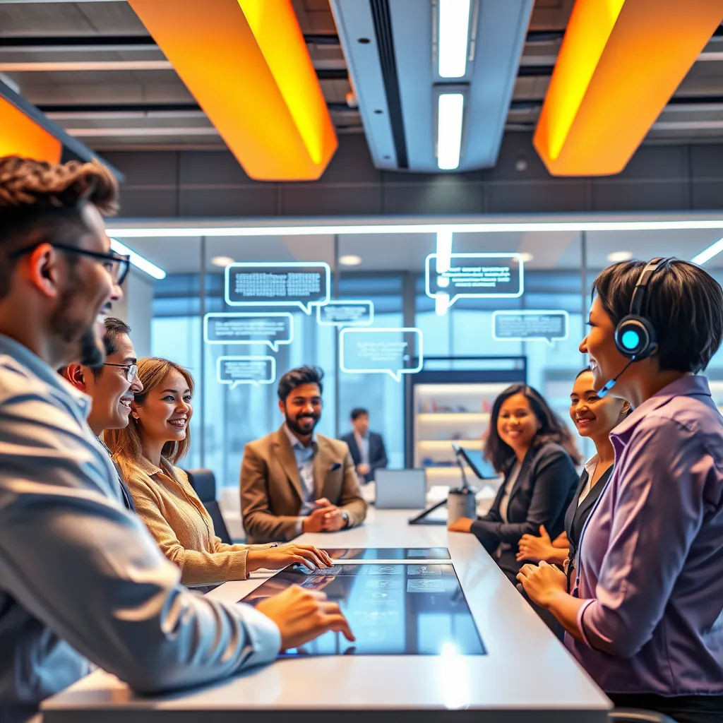 A modern office environment featuring an AI voicebot interacting with a diverse group of customers via a sleek touchscreen interface. The scene includes individuals smiling and looking satisfied, with digital speech bubbles indicating seamless communication. Bright, futuristic decor enhances the atmosphere.