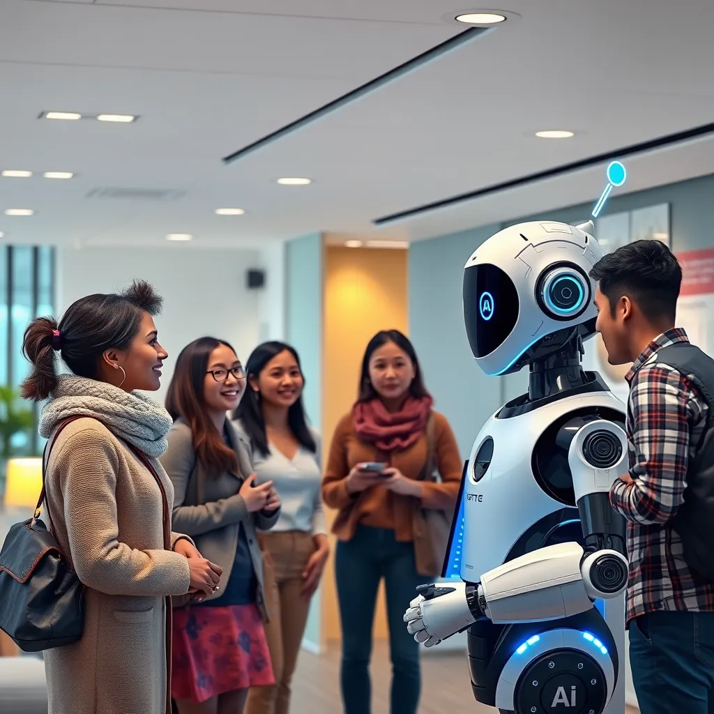 A modern office environment featuring a friendly AI voicebot interacting with a diverse group of customers at a digital information kiosk. The setting is bright and inviting, with visual elements indicating AI technology, such as glowing circuits or speech bubbles.