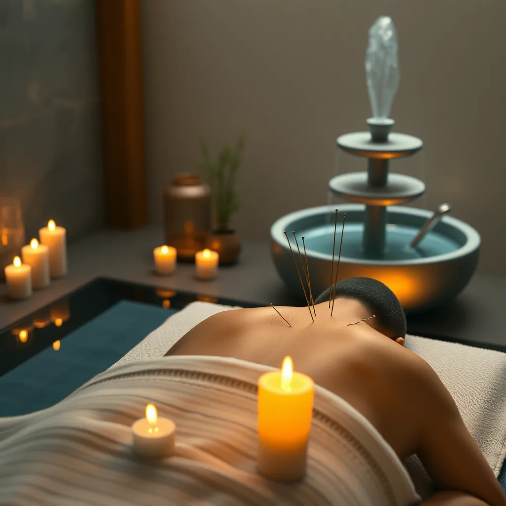 A peaceful acupuncture session set in a tranquil environment, highlighting a patient reclining comfortably with needles in place, surrounded by serene elements like candles, soft music, and a calming water fountain, symbolizing relaxation and mental tranquility.