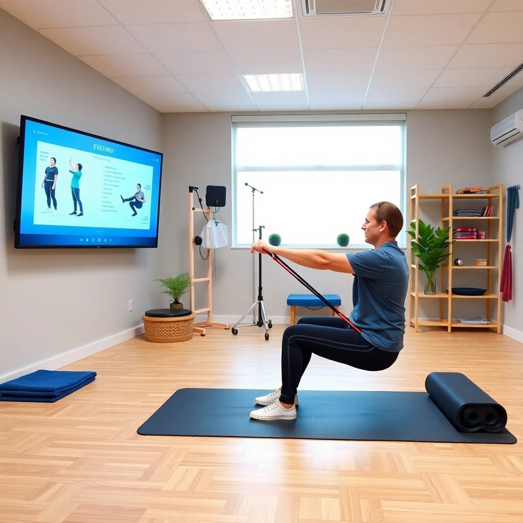 A personalized training session in a physiotherapy studio, showing a patient executing specific exercises under the guidance of a physiotherapist. The environment is professional and inviting, with exercise mats, bands, and a large screen displaying exercise instructions.