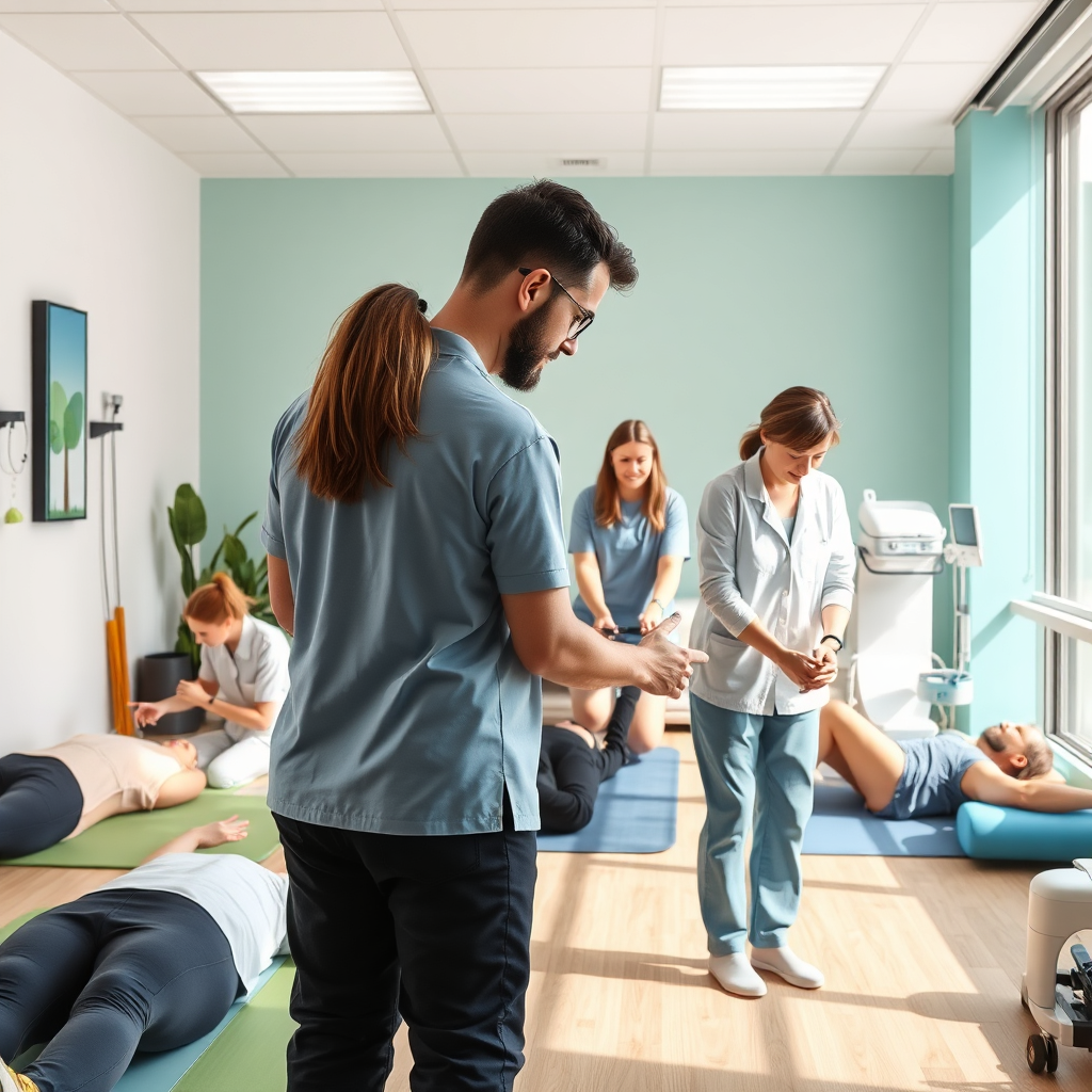 A photorealistic image capturing multiple physiotherapy techniques being demonstrated in a modern clinic. The composition shows various therapists engaging with patients in activities like manual therapy, exercises, and modalities like ultrasound. Bright, natural lighting enhances the welcoming feel, and the color palette includes greens, blues, and soft neutrals. Props such as therapy bands, exercise mats, and medical equipment should be clearly visible. The style is hyperrealistic, showcasing care and professionalism. Technical specs: 4K resolution.