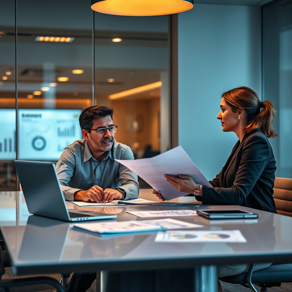 A photorealistic image depicting a business owner discussing financial plans with an accountant. They are seated at a sleek conference table surrounded by financial reports and a laptop. The ambiance is professional, illuminated by warm lights, with a color palette of muted tones that conveys seriousness but also optimism. The focal point is on the interaction between the two, emphasizing collaboration and strategy with subtle texture details in the background showing charts and graphs.