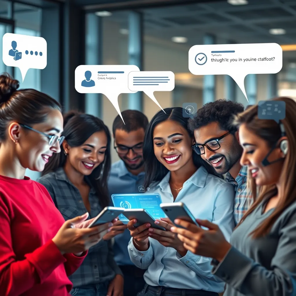 A photorealistic image of a diverse group of people engaging with digital devices, showcasing various interfaces of chatbots. Include visual elements like speech bubbles, data analytics charts, and facial expressions indicating satisfaction, set in a modern office environment.