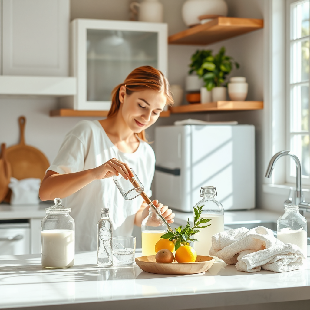 A photorealistic image of a person mixing eco-friendly cleaning ingredients in a stylish kitchen, surrounded by clean linens and decorative jars. The bright and airy atmosphere showcases a commitment to sustainability in cleaning practices. Natural light pours in from the window, highlighting the sparkling surfaces. The color palette features soft whites and pastel shades. Technical specs: 4K resolution, high quality.
