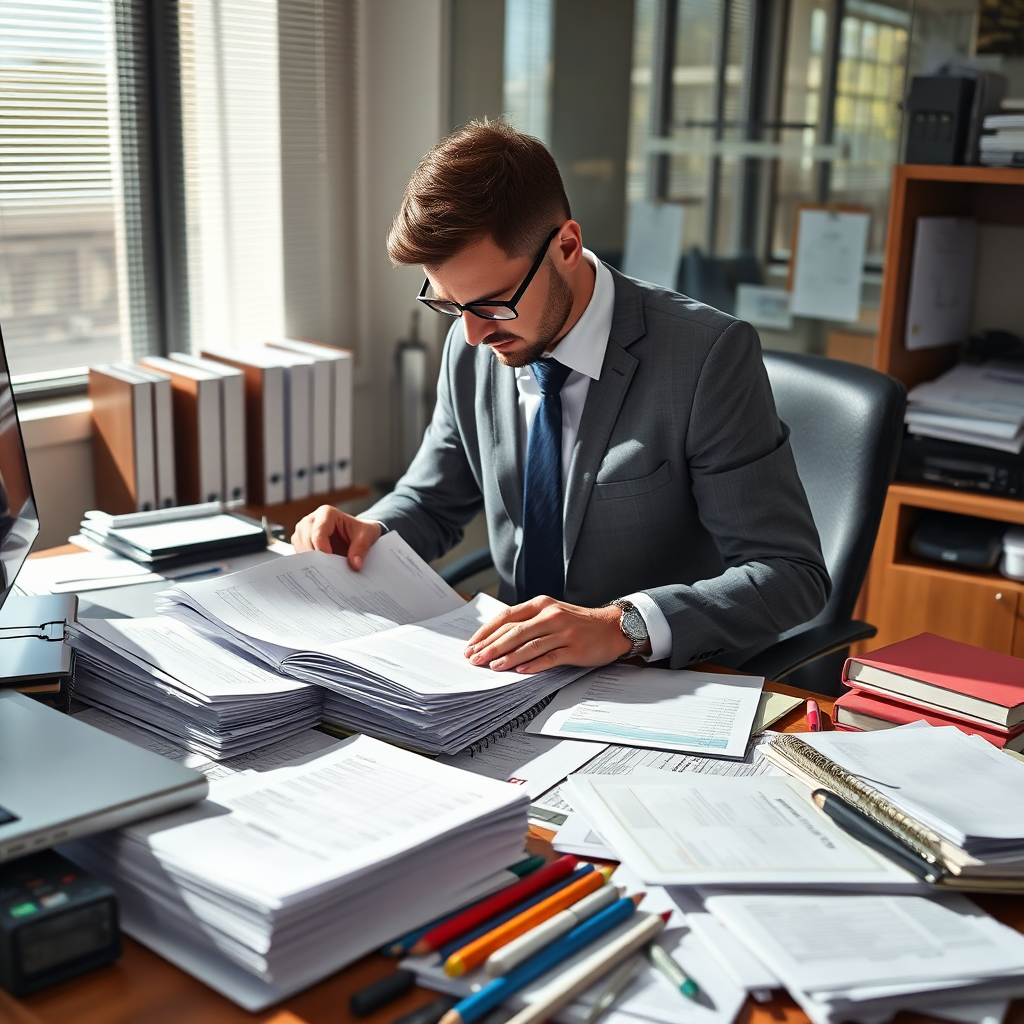 A photorealistic image of an accountant meticulously organizing financial records and ledgers on a desk filled with office stationery. The lighting is clear and bright, enhancing the impressive array of documents. The accountant's focused posture reflects diligence and accuracy, while the environment showcases a professional and organized workspace, strategically highlighting the importance of proper bookkeeping.