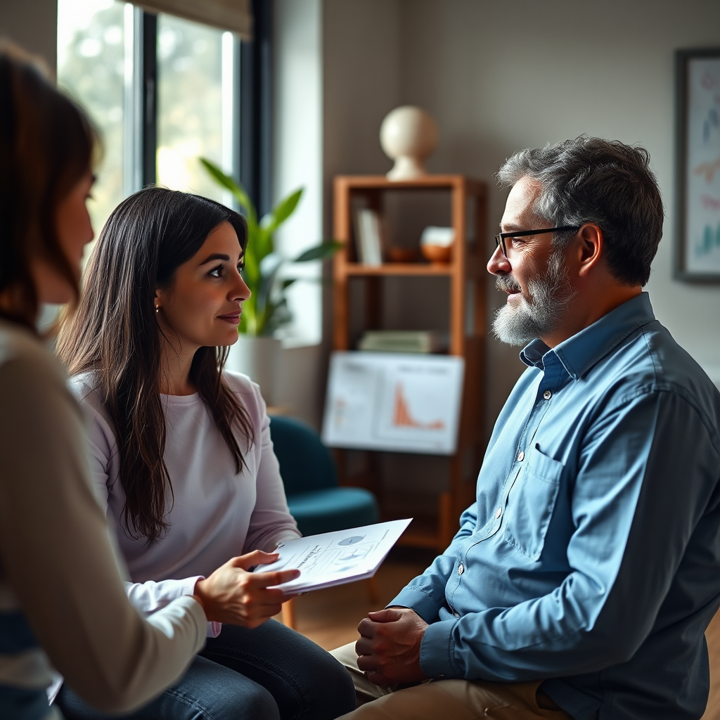 A photorealistic image showing a physiotherapist discussing assessment findings with a patient, highlighting the personalized approach. The setting is a cozy, modern clinic with natural lighting and soft color tones. Emphasis is on the clarity of communication with charts or graphs displayed. The mood is focused and positive, reflecting trust in the therapeutic process. The camera angle should be eye-level to capture expressions. The style is realistic and engaging. Technical specs: 4K resolution.