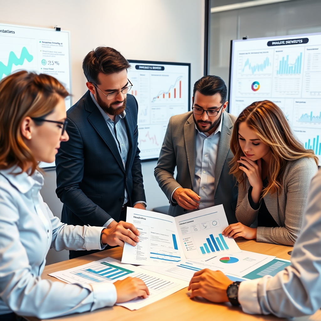 A photorealistic scene displaying an accountant analyzing detailed financial reports in a collaborative manner with coworkers. Surrounding them are flip charts and digital displays conveying analytics insights. The lighting is bright and professional, highlighting the team dynamic and engagement. The image should capture the essence of teamwork, with diverse expressions of thoughtfulness as the team discusses data-driven strategies.