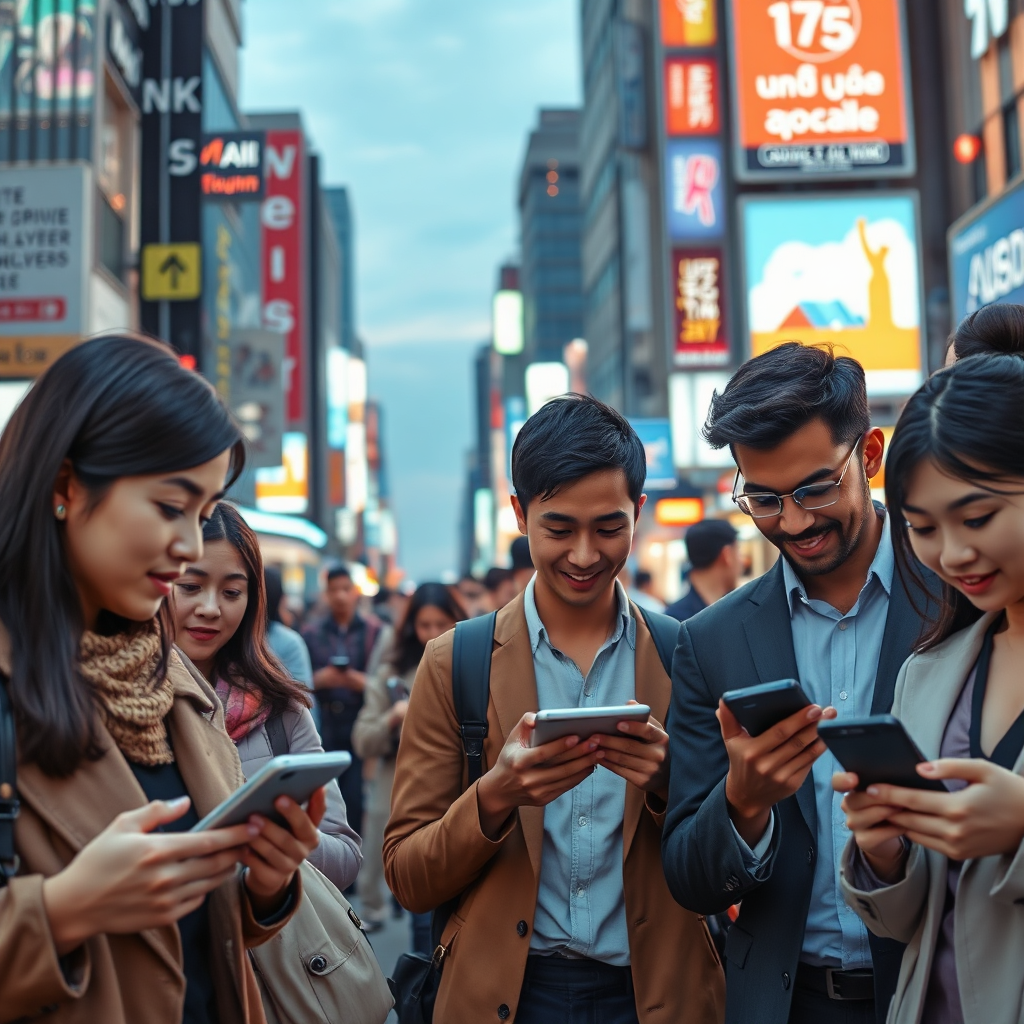 A photorealistic visualization of a busy urban landscape where people use mobile devices equipped with chatbots for assistance. Bright city lights illuminate the scene at dusk, creating a lively atmosphere. The focus is on young professionals engaged in conversations with their devices, showcasing a range of ethnicities using the chatbot seamlessly. Various street signs and advertisements blend into the background, hinting at a tech-savvy future. The image highlights the modern lifestyle interwoven with AI technology, designed in high quality to capture intricate details.