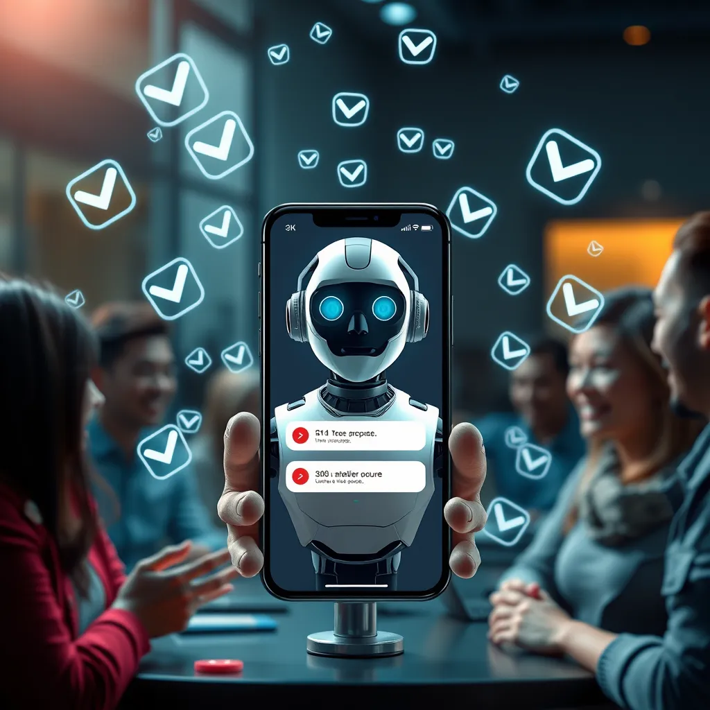 A polished, photorealistic image showing an AI voicebot on a smartphone screen providing seamless responses, surrounded by floating checkmarks symbolizing accuracy, and a backdrop of happy customers engaging in conversation.