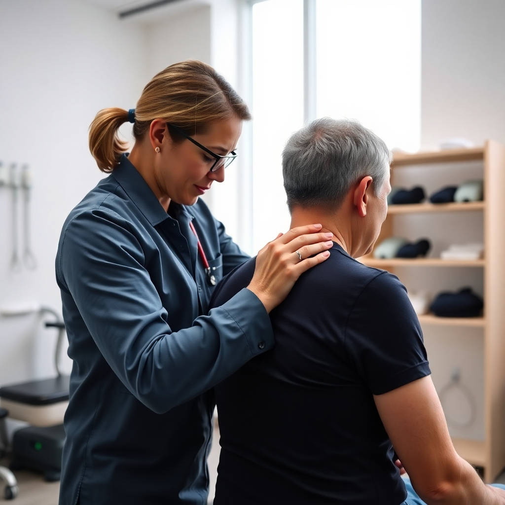 A professional physiotherapist performing manual therapy on a patient in a modern clinic. The therapist is gently manipulating the patient's back while the patient shows a relaxed expression. Bright, clean environment with physiotherapy tools visible in the background.