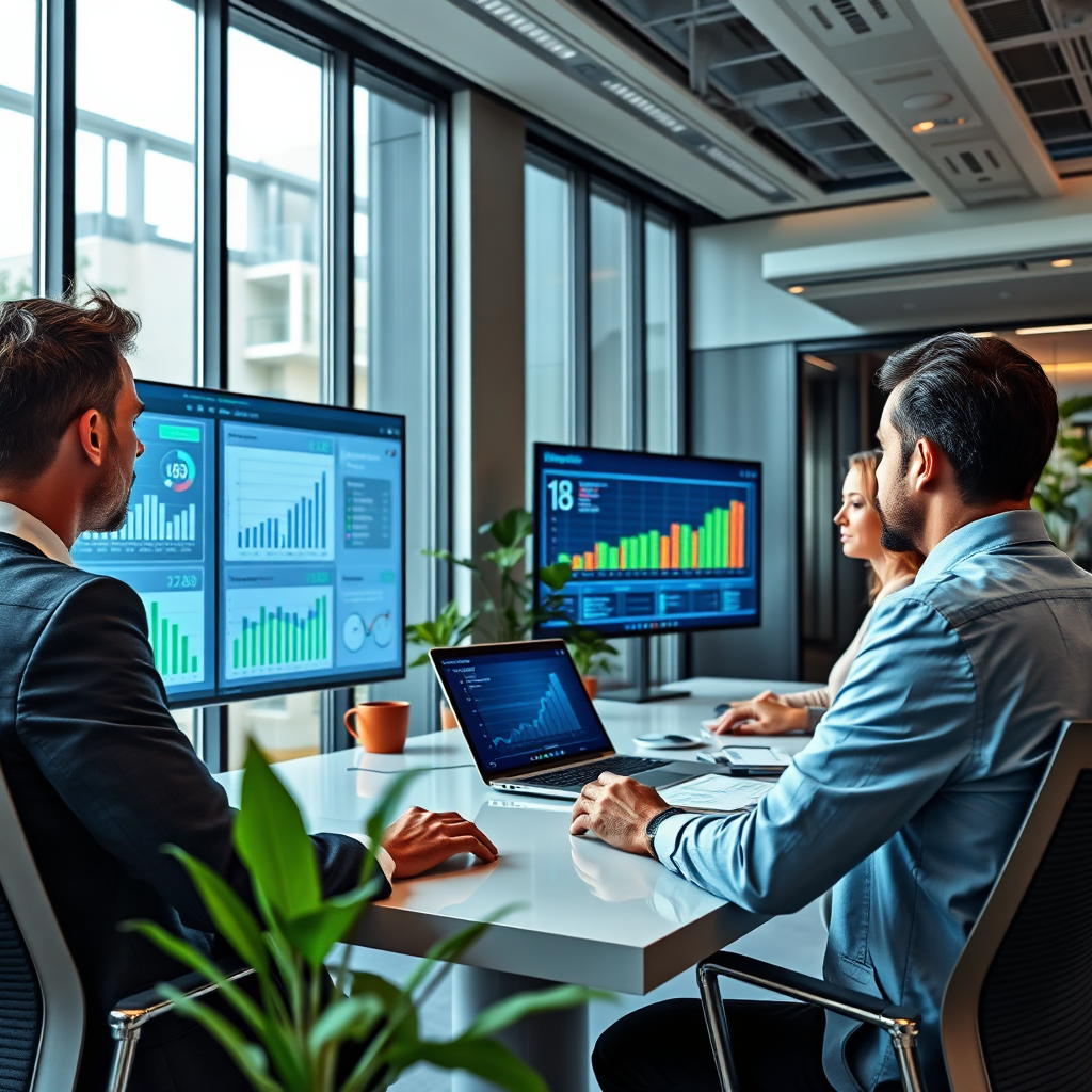 A professional working environment where individuals are utilizing an intelligent agent through large display panels, analyzing data and making decisions in real-time. The office is sleek and modern with a touch of greenery, symbolizing innovation in a fresh environment. The focus is on the collaborative use of intelligent agents in strategic discussions, highlighted by charts and data visualizations on screens. Incorporating high-quality designs and vibrant colors would illustrate both teamwork and cutting-edge technology in action.