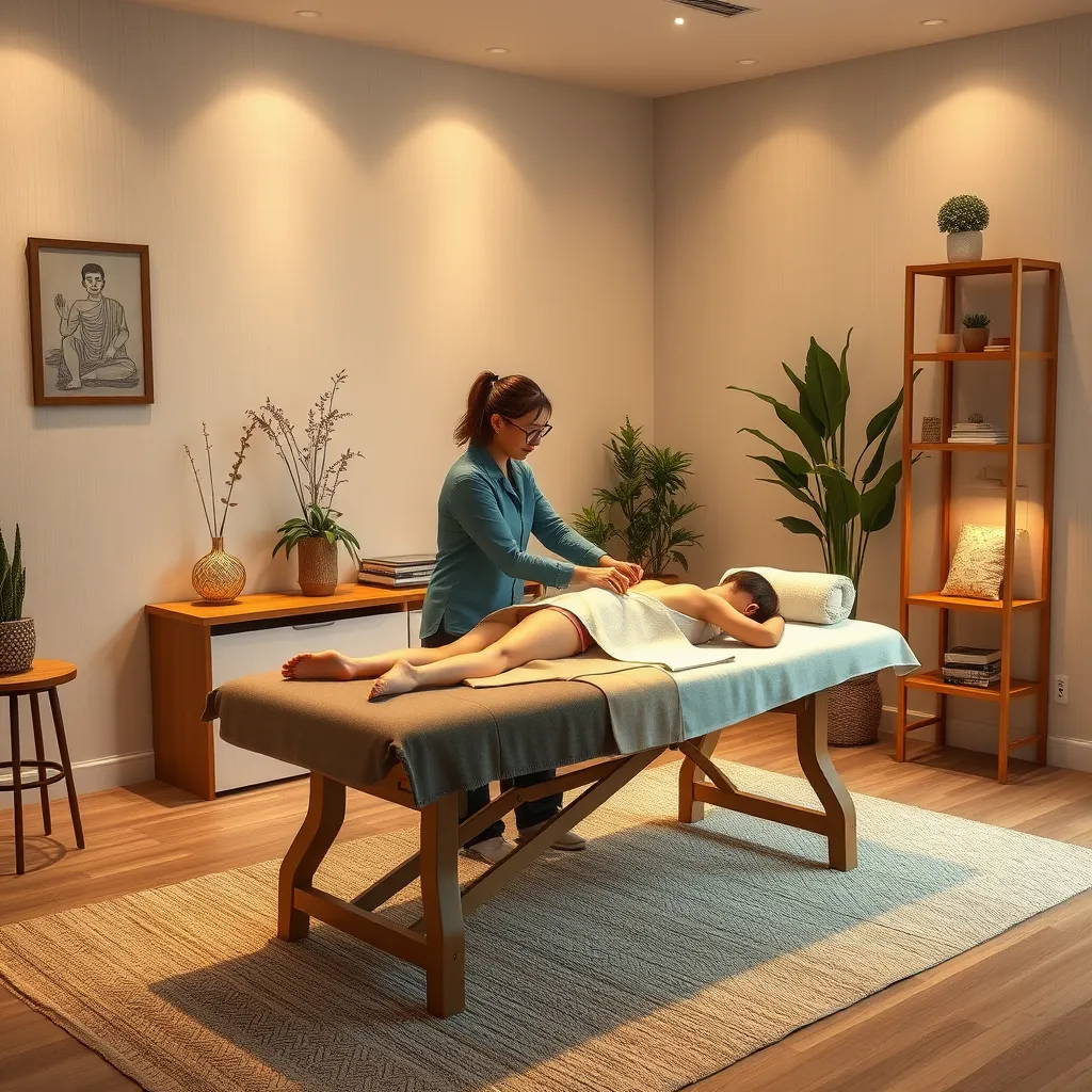 A serene acupuncture clinic room featuring a patient relaxed on a treatment table with gentle lighting, while a professional acupuncturist carefully places needles along the patient's back. Include soothing decor, like plants and soft textiles, to evoke a calming ambiance.