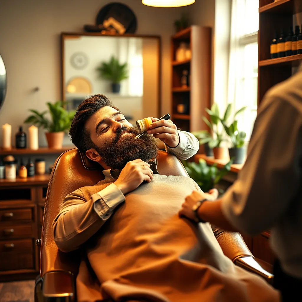 A serene barber shop focusing on an intimate beard care treatment session. The image composition should feature a client reclining in a plush leather barber chair, while a barber expertly applies beard oil. Soft diffused lighting creates a calming ambiance, casting gentle shadows that highlight the textures of the products and the client's face. The warm color palette includes rich browns, golden yellows, and greens, evoking a natural and earthy feel. The camera angle is slightly elevated, capturing both the barber’s skilled hands and the client's satisfied expression. The textures of the barber tools, the smooth sheen of the oil, and the wooden shelves lined with premium grooming products emphasize quality and care. Elements such as scented candles and potted plants in the background enhance the relaxing atmosphere. Referencing the illustrative style of portrait artist, David Hockney, the image should be hyperrealistic, showcasing intricate details in 8K resolution with ultimate clarity, presenting a soothing, luxurious experience.