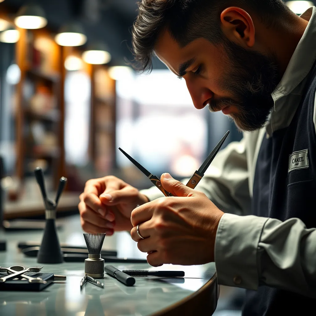 A skilled barber meticulously working on a client's hair, using scissors and a comb with concentration. The setting highlights detailed barber tools on a countertop, with a close-up of the barber's expert hands showcasing professionalism and precision.