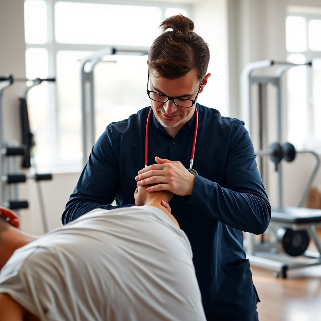A skilled physiotherapist performing manual therapy on a patient in a bright, modern clinic. The therapist gently uses their hands to manipulate the patient's shoulder. The atmosphere is calming, with exercise equipment in the background and natural light coming through large windows.