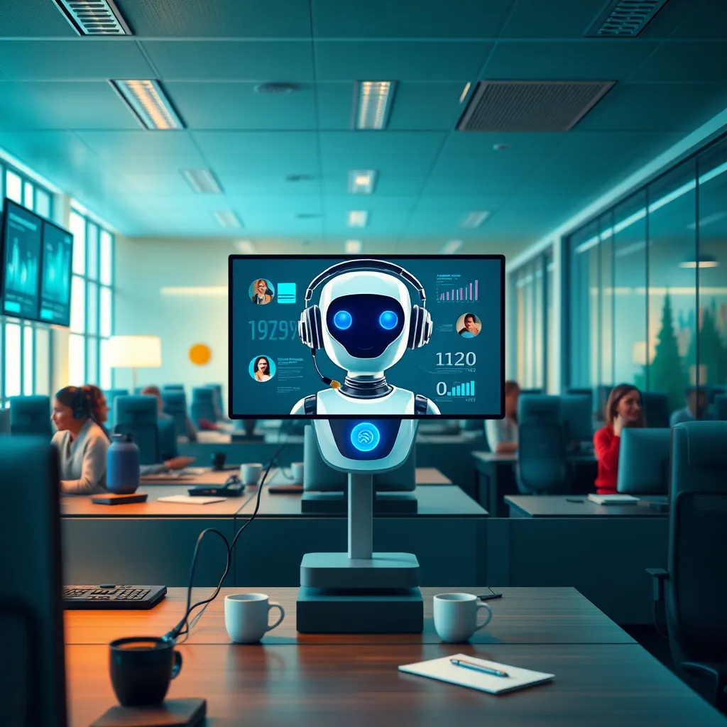 A sleek and modern call center environment featuring a friendly AI voicebot interface on a high-tech screen. The scene is illuminated by soft diffused lighting creating a warm and inviting atmosphere. The color palette consists of calming blues and greens, conveying trust and reliability. The camera angle is slightly low, capturing the voicebot interacting with a diverse group of happy customers in the background. The texture of the materials showcases brushed metal and smooth plastic surfaces, while detailed digital displays show animated charts and live interactions. The setting includes ergonomic office furniture and soundproof glass partitions, enhancing the professional ambiance. Props like headsets, coffee cups, and notepads are strategically placed on desks. The composition draws inspiration from modern tech advertisements and interior design, aiming for hyperrealistic detail in 8K resolution, focusing on clarity and lifelike quality.
