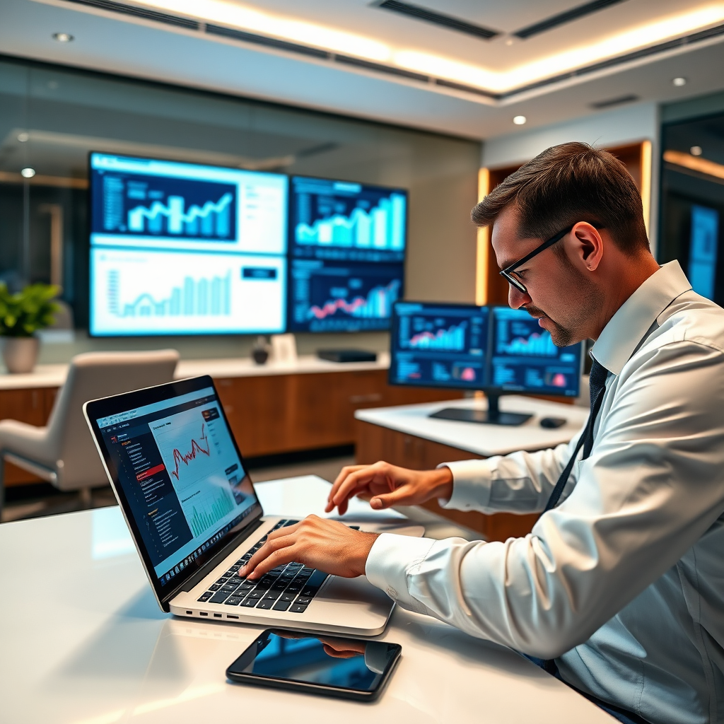 A sophisticated image of an accountant performing a detailed financial analysis using a laptop with multiple screens displaying graphs and metrics. The room features high-end office decor, evoking a sense of success. Bright, focused lighting ensures clarity while the sleek design elements contribute to an upscale ambiance. The accountant's concentration underscores the depth of the analysis being conducted, highlighting a blend of technology and expertise.