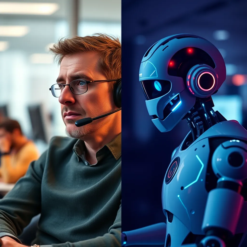 A split-screen showing a customer service scenario: on one side, a frustrated customer waiting on hold, and on the other, an AI voicebot providing instant help, showcasing ease of interaction and quick problem resolution. Use contrasting colors to emphasize the efficiency disparity.